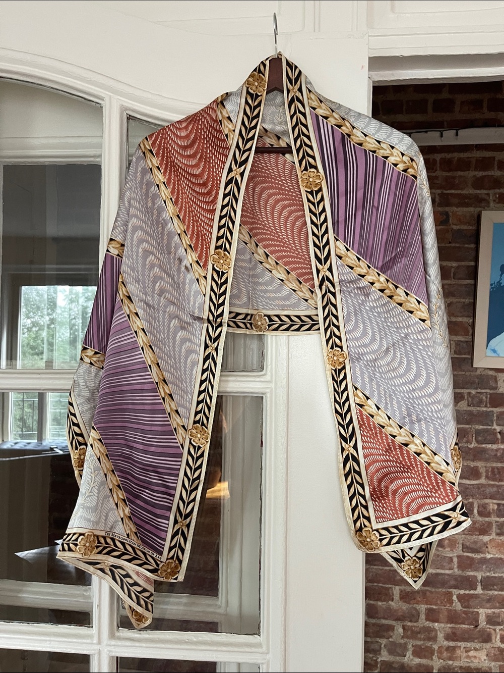 Silk-Feel Geometric Print Scarf in Purple, Rust & Gray